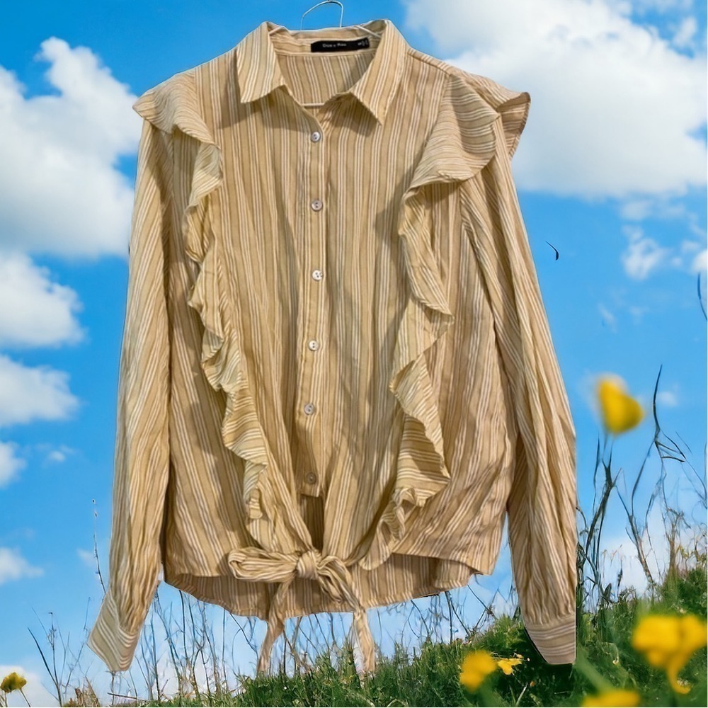 Doe & Rae Women's Ruffly Yellow/White Feminine Pin Striped Button Up w/Front Tie
